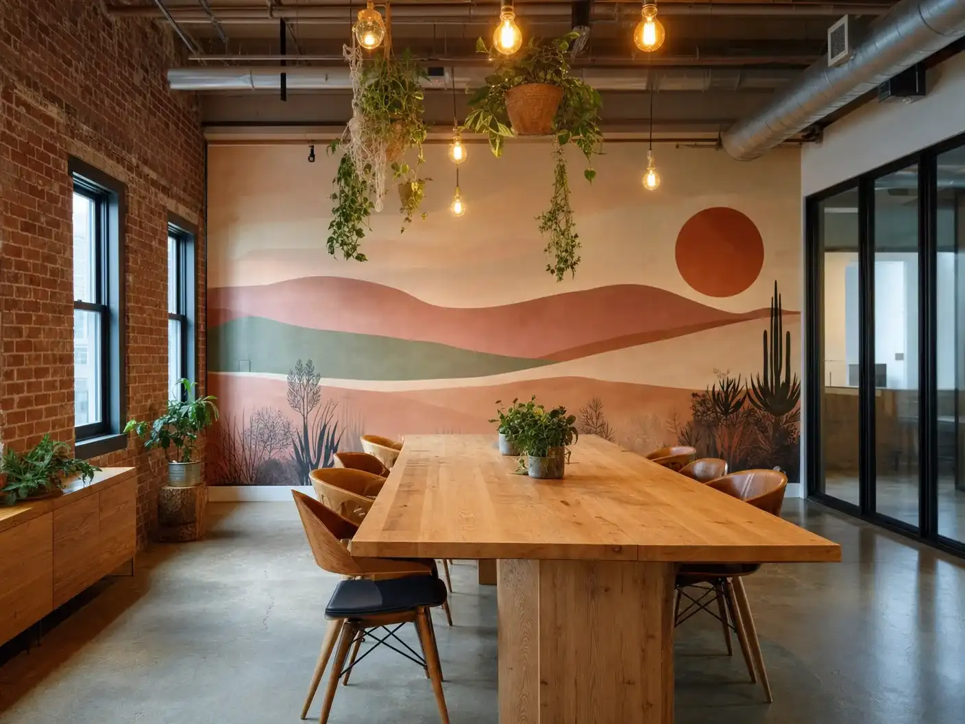 Dallas creative coworking with custom Texas-sunrise mural wallpaper