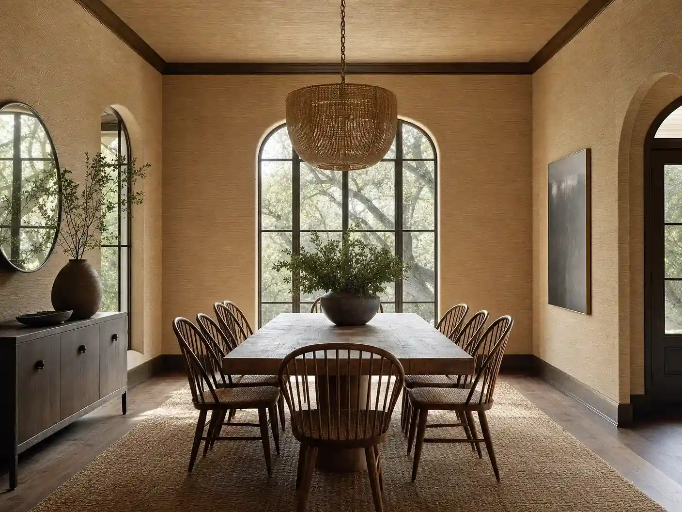 Dallas dining room wrapped in beige natural grasscloth