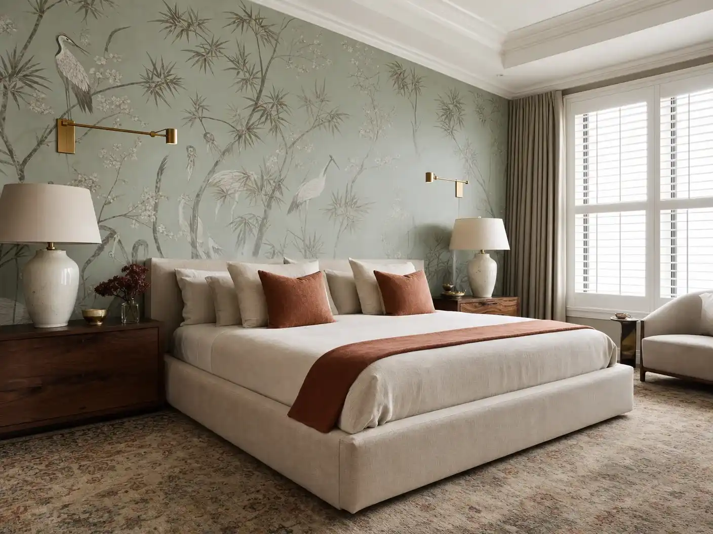 Highland Park primary bedroom with chinoiserie wallpaper