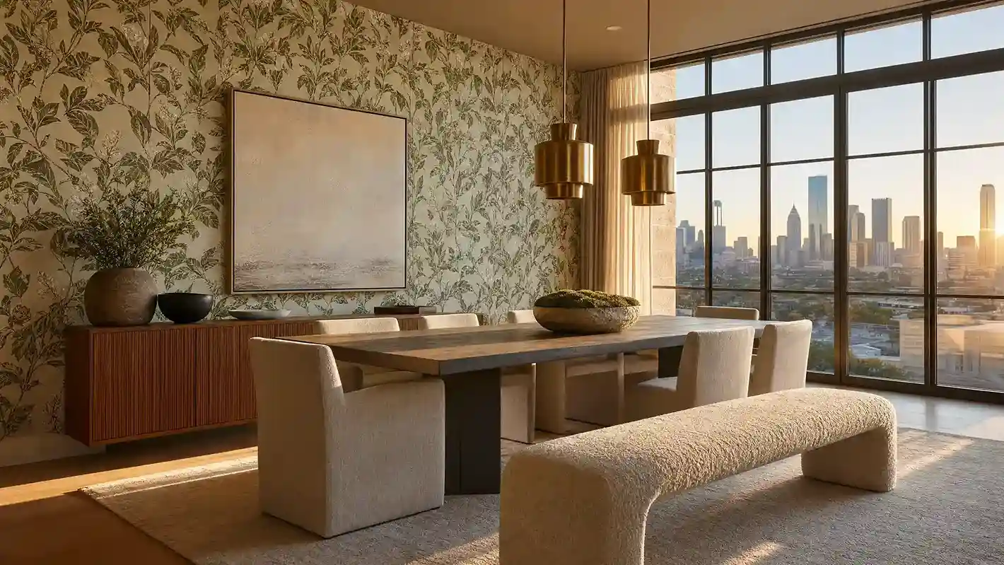 Dallas dining room with botanical feature-wall wallpaper at golden hour