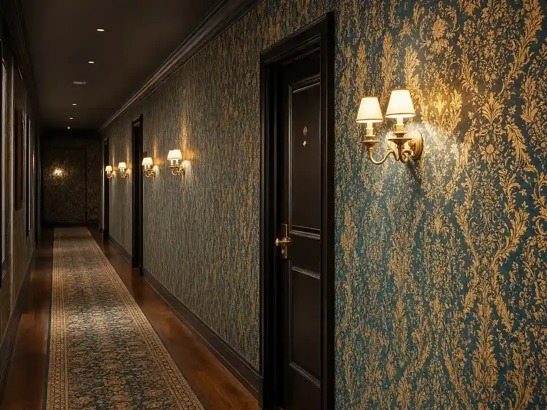 Dallas hotel corridor with metallic vinyl wallcovering after overnight installation