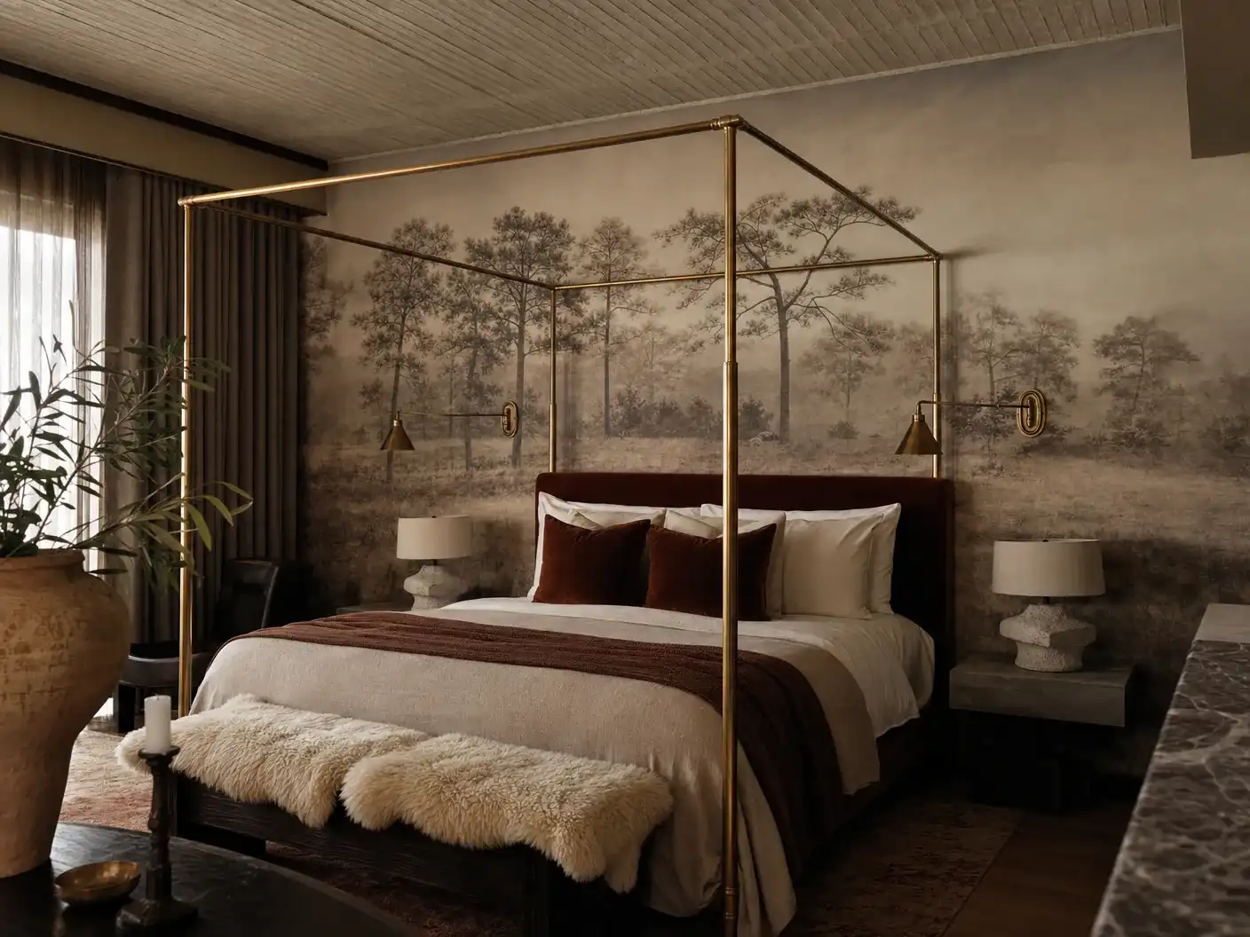 Dallas boutique hotel suite with scenic forest mural wallpaper