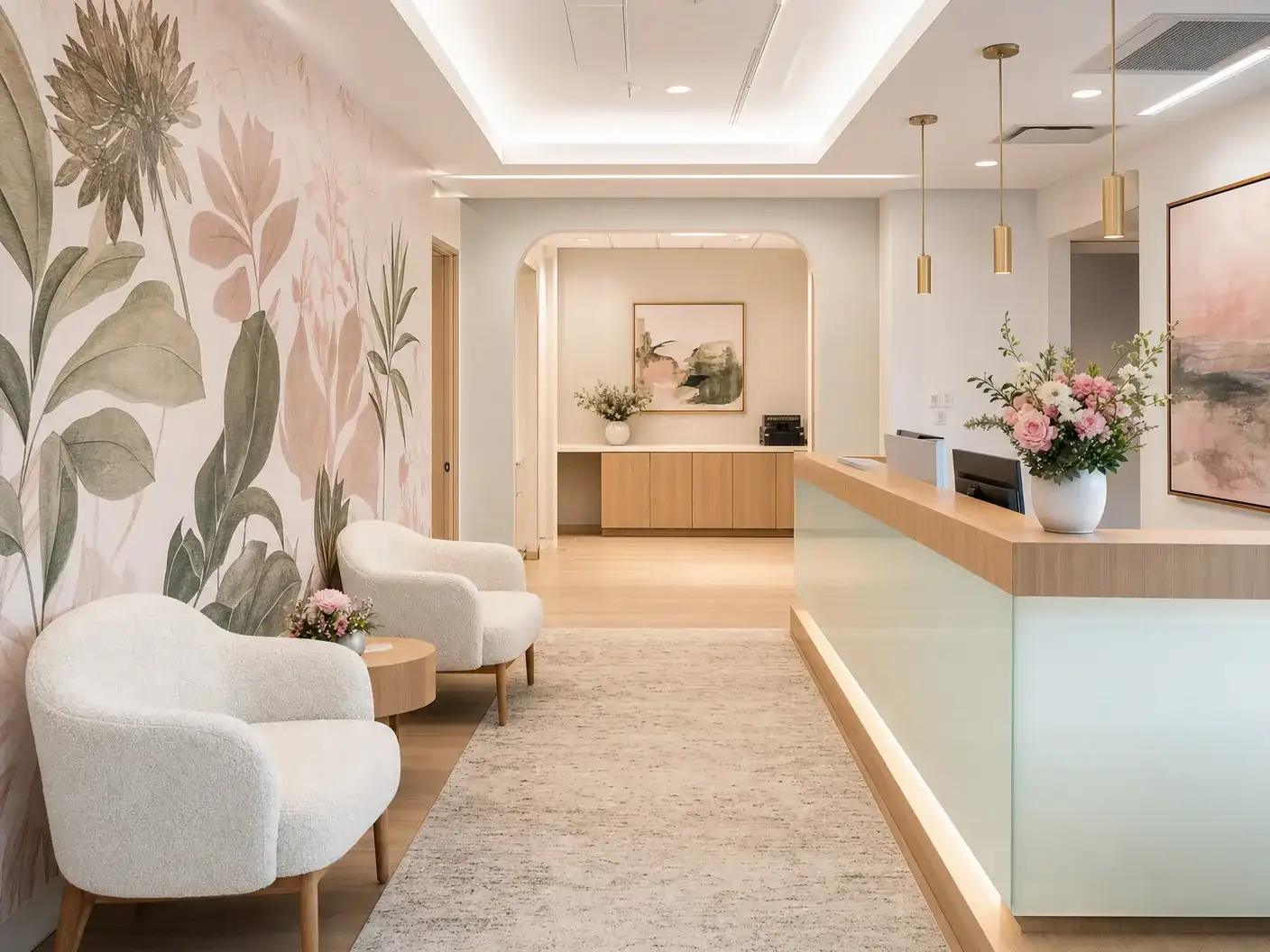 Dallas medical office with calming botanical feature wallpaper