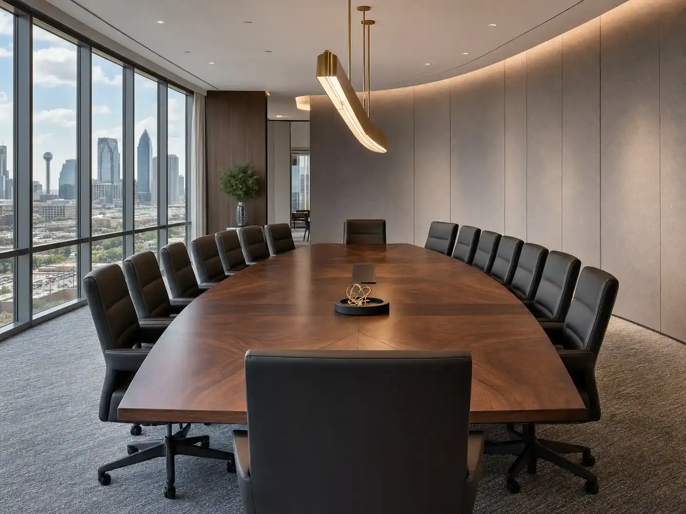 Downtown Dallas executive boardroom with curved acoustic panels