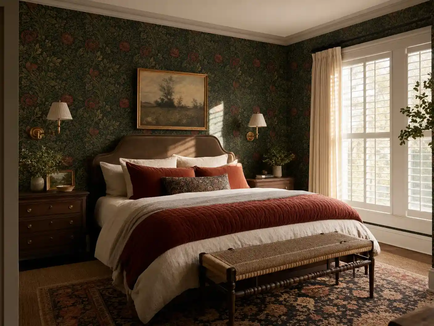 Dallas master bedroom with William-Morris-style botanical wallpaper