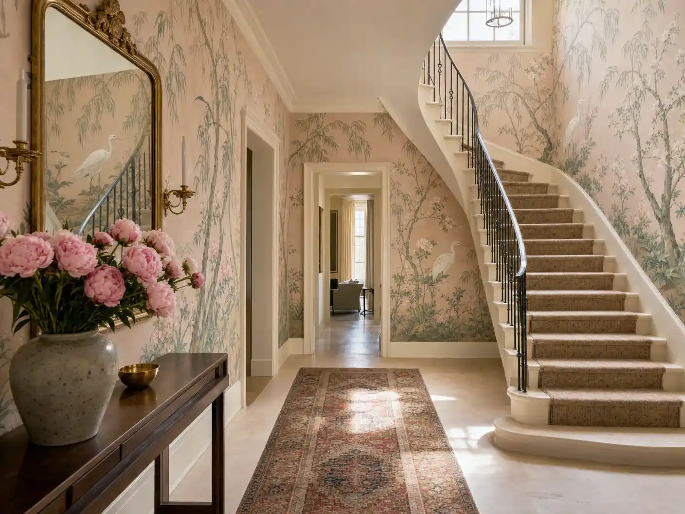 Highland Park Dallas foyer with chinoiserie wallpaper and curved staircase