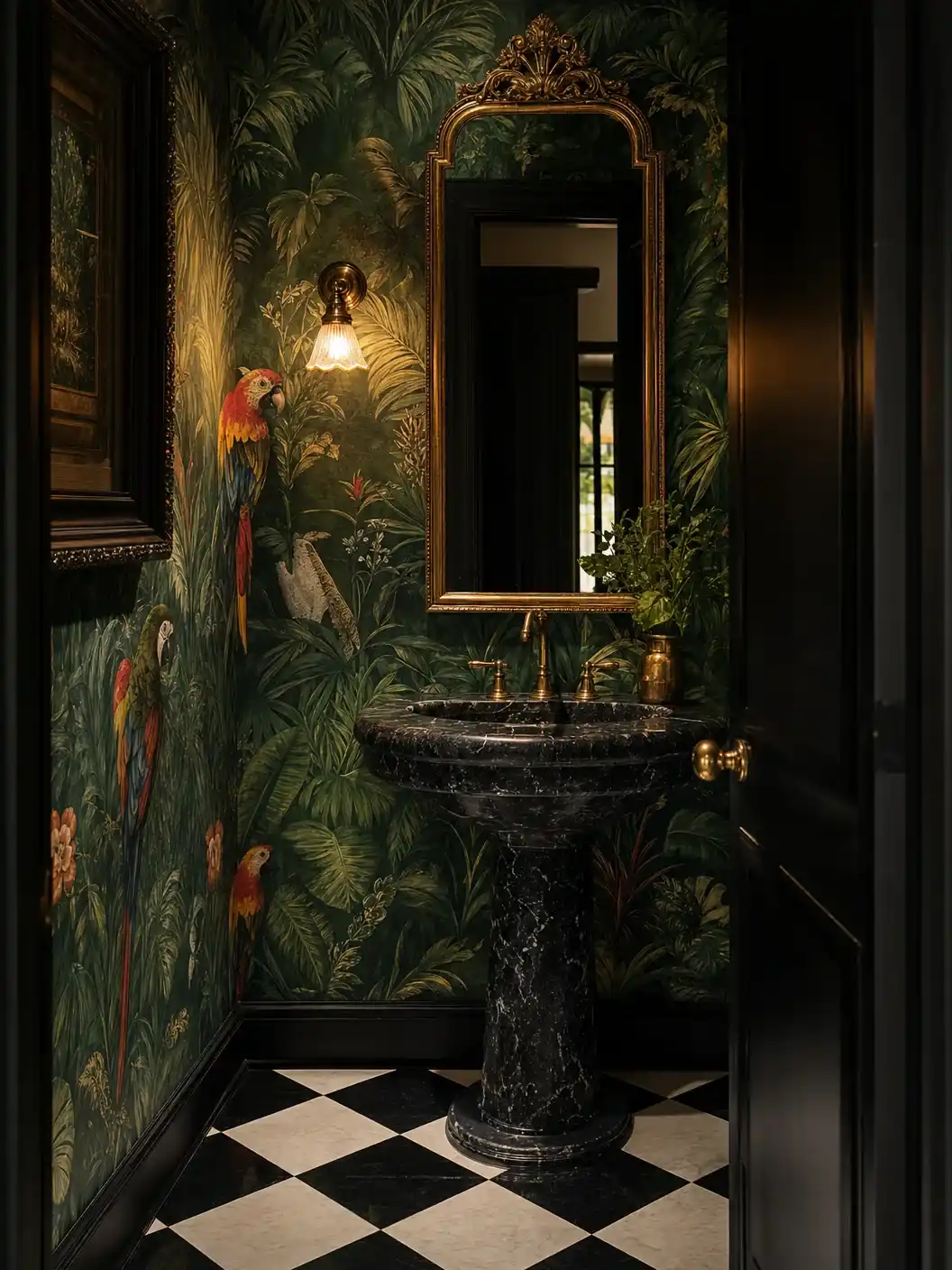 Tudor home powder room with tropical jungle wallpaper