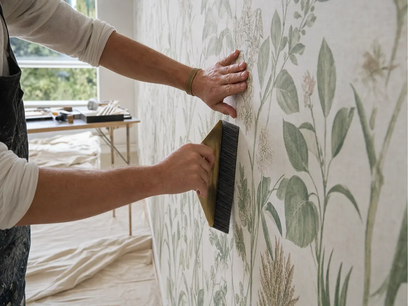 Wallpaper installer hand-smoothing a freshly hung botanical panel